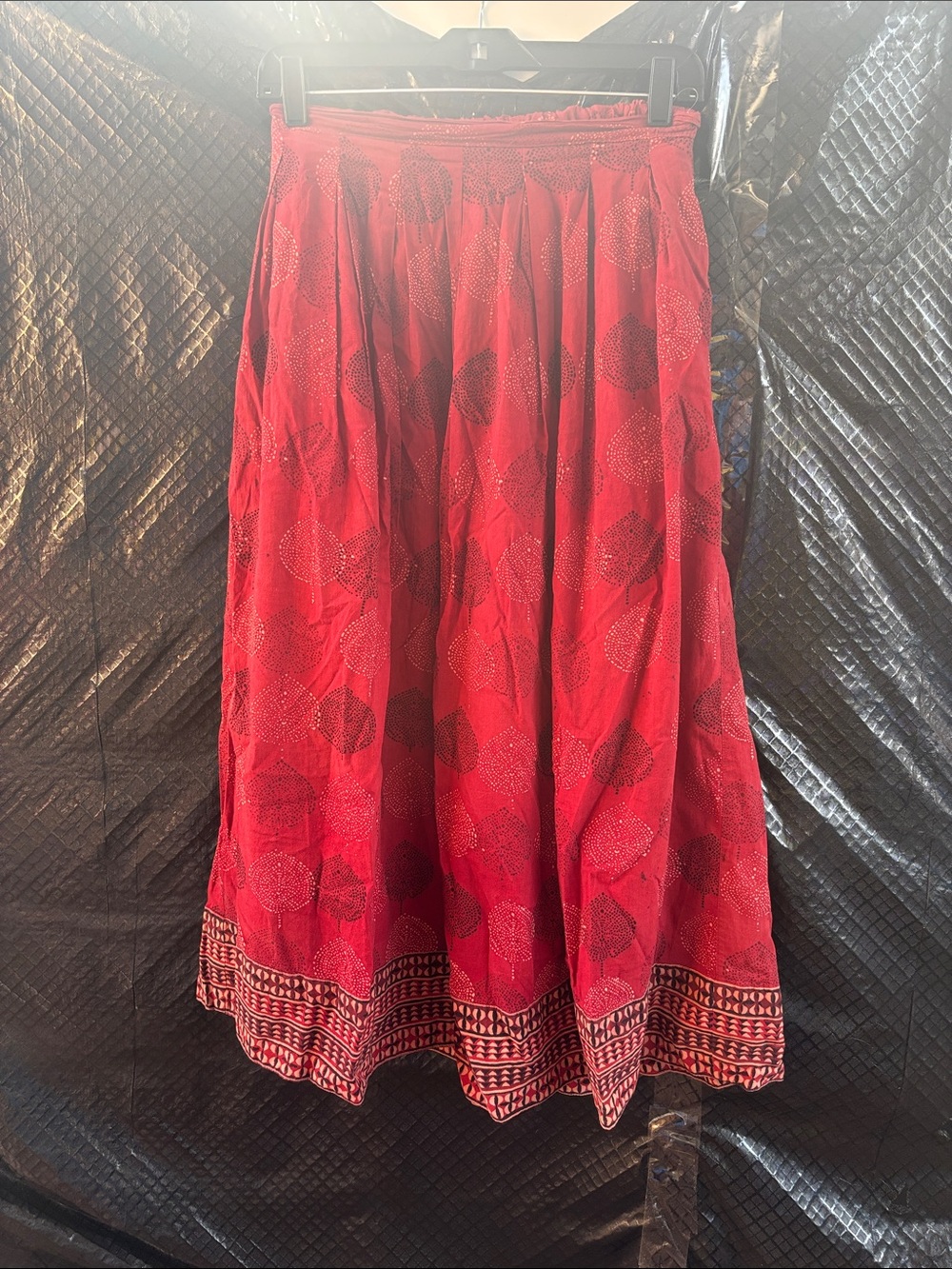 fabindia Red Patterned Maxi Skirt with Decorative Hem